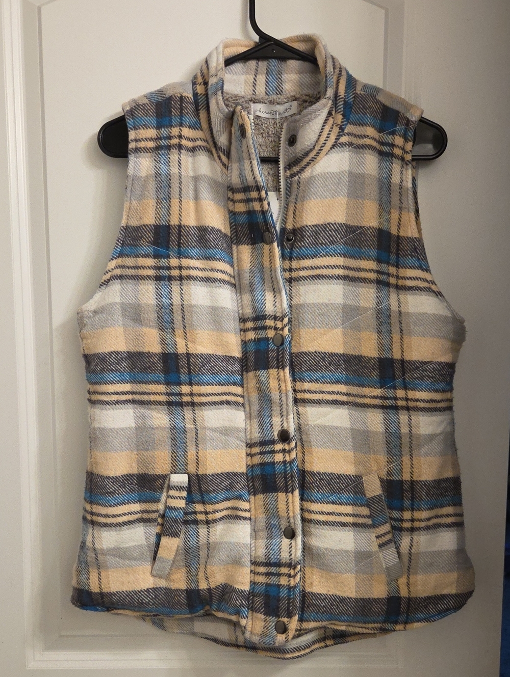 Plaid Quilted Vest - Cream, Tan & Blue